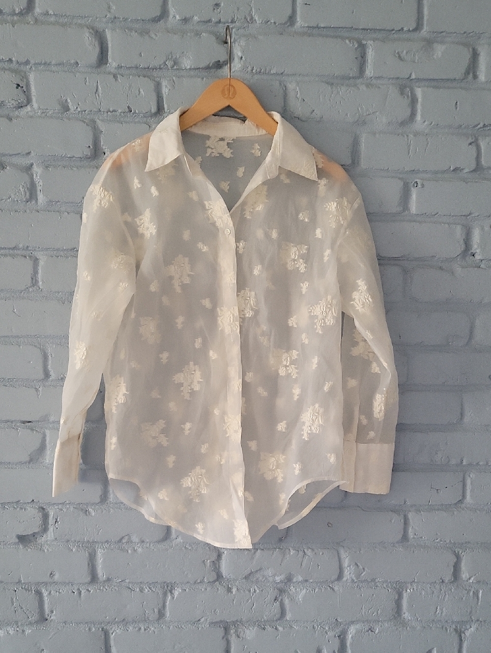 Sheer White Floral Embroidered Button-Down Shirt